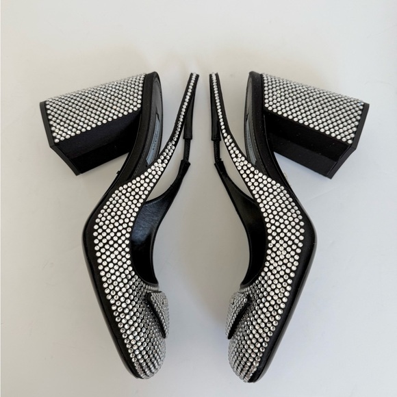 PradaBlack Satin Leather Jewel embellished Triangle logo slingback pumps EU 39 - Picture 5 of 14